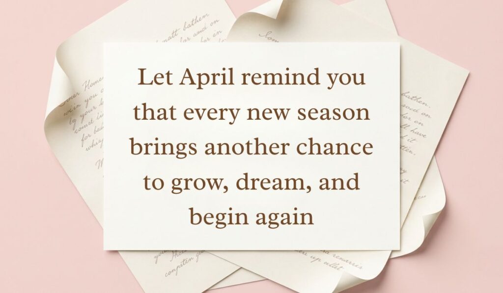 Soft pink aesthetic layout with layered handwritten vintage letters presenting April quotes reading, "Let April remind you that every new season brings another chance to grow, dream, and begin again."