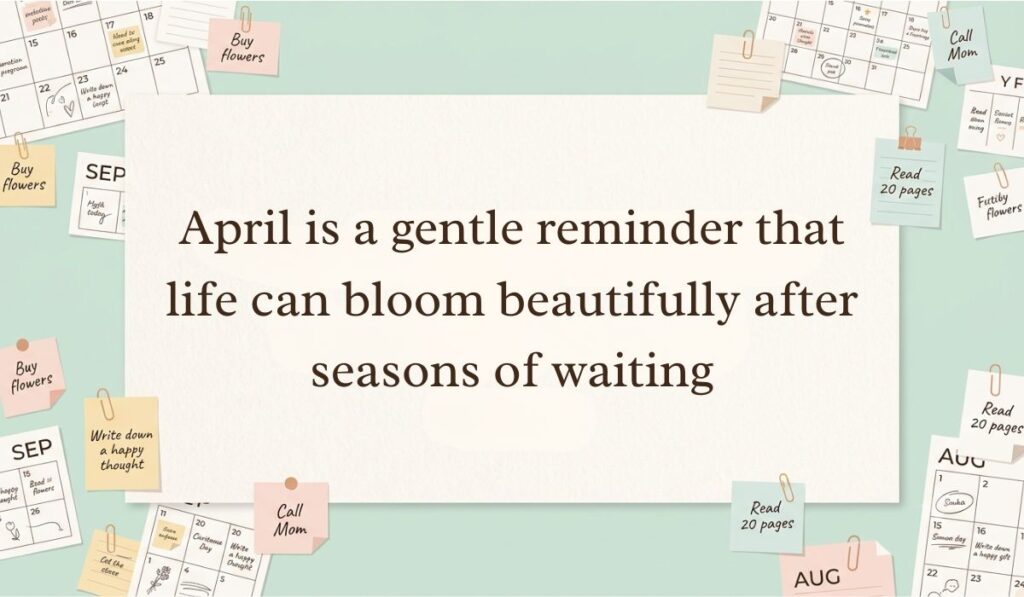Warm beige background surrounded by mini calendar pages, paperclips, and reminder sticky notes featuring April quotes stating, "April is a gentle reminder that life can bloom beautifully after seasons of waiting."