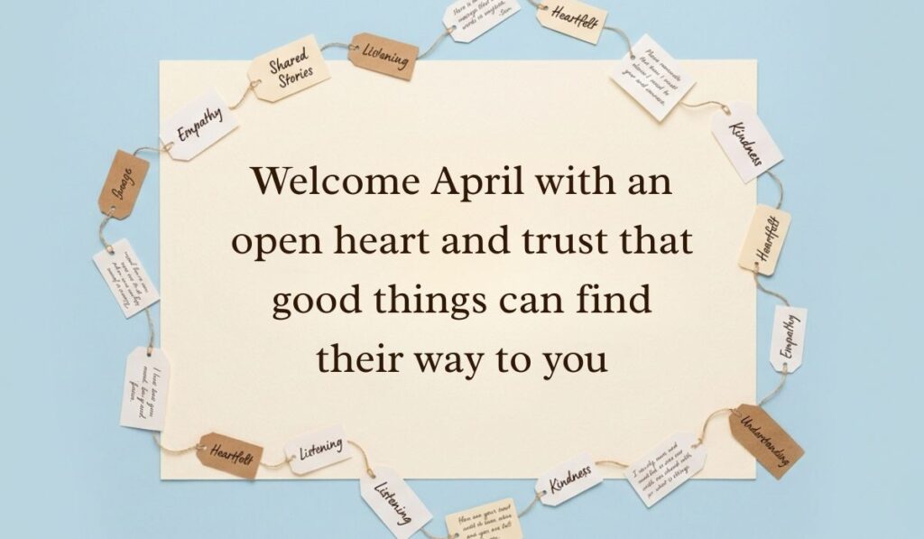 Off-white surface encircled by string-tied tag labels featuring inspirational keywords presenting April quotes reading, "Welcome April with an open heart and trust that good things can find their way to you."