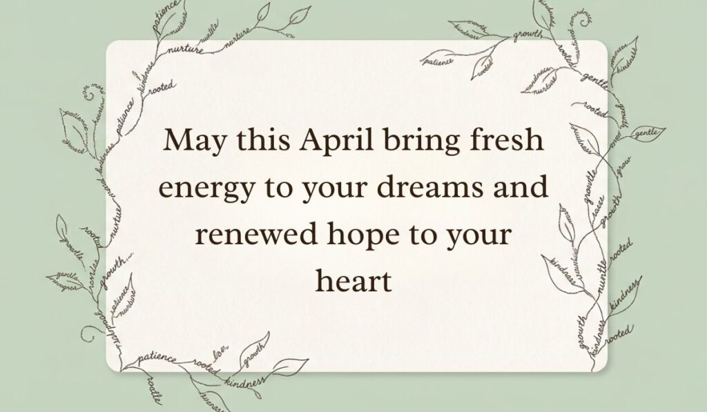 Sage green backdrop accented with botanical leaf line art composed of positive words showcasing April quotes stating, "May this April bring fresh energy to your dreams and renewed hope to your heart."