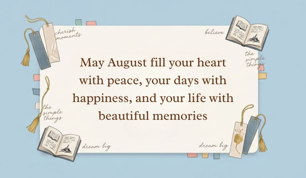 Soft blue desktop background decorated with tasseled bookmarks, open mini books, and page tabs showcasing August quotes reading, "May August fill your heart with peace, your days with happiness, and your life with beautiful memories."