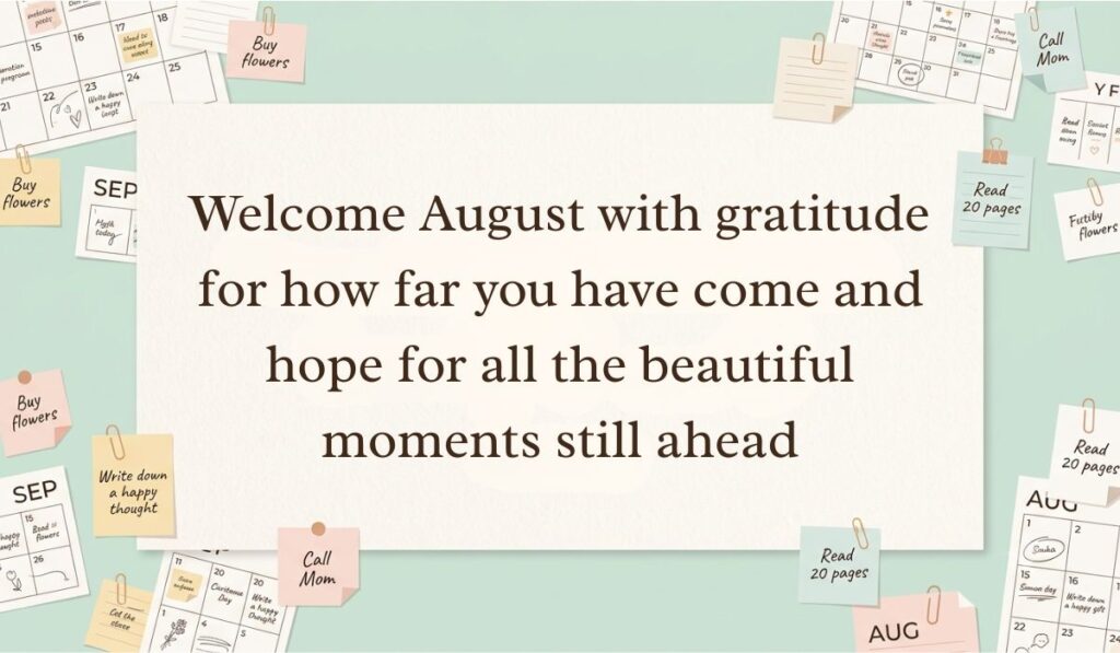Warm beige background surrounded by mini calendar pages, paperclips, and reminder sticky notes featuring August quotes stating, "Welcome August with gratitude for how far you have come and hope for all the beautiful moments still ahead."