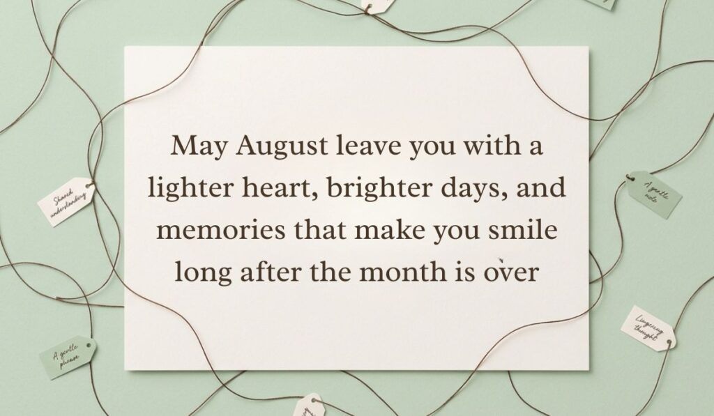 Muted green backdrop with crisscrossing threads holding small hanging message tags featuring August quotes stating, "May August leave you with a lighter heart, brighter days, and memories that make you smile long after the month is over."