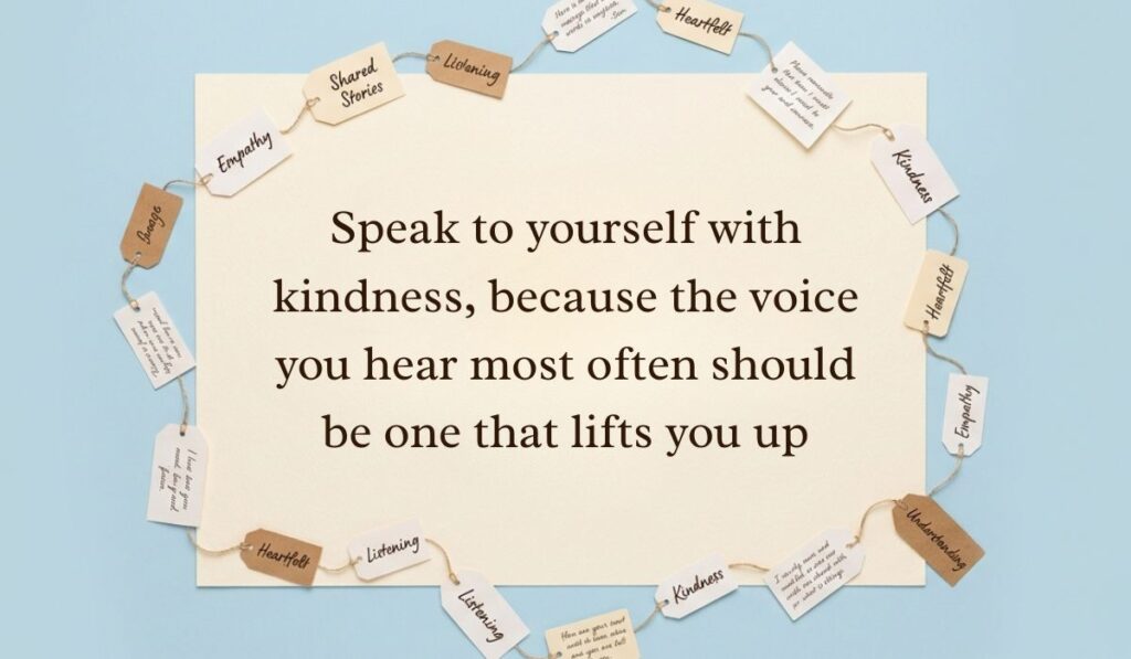 Soft blue surface decorated with a ring of string-bound message tags showcasing be kind to yourself quotes reading, "Speak to yourself with kindness, because the voice you hear most often should be one that lifts you up"