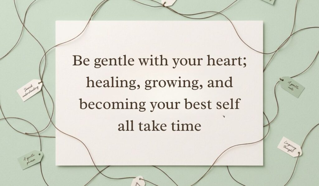 Sage green surface framed by interconnected twine strings and small message tags featuring be kind to yourself quotes stating, "Be gentle with your heart; healing, growing, and becoming your best self all take time"