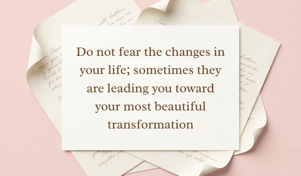 Soft pink backdrop framed with layered vintage parchment paper and handwritten letters presenting butterfly quotes reading, "Do not fear the changes in your life; sometimes they are leading you toward your most beautiful transformation"