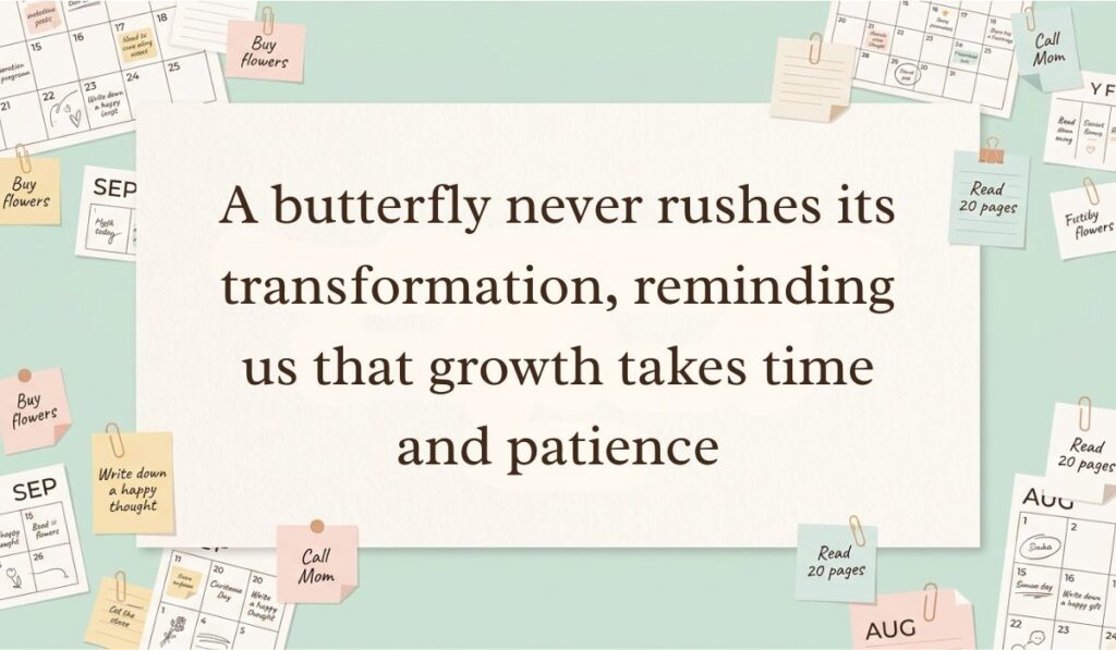 Off-white workspace setting surrounded by calendar pages, paperclips, and sticky note reminders featuring butterfly quotes stating, "A butterfly never rushes its transformation, reminding us that growth takes time and patience"