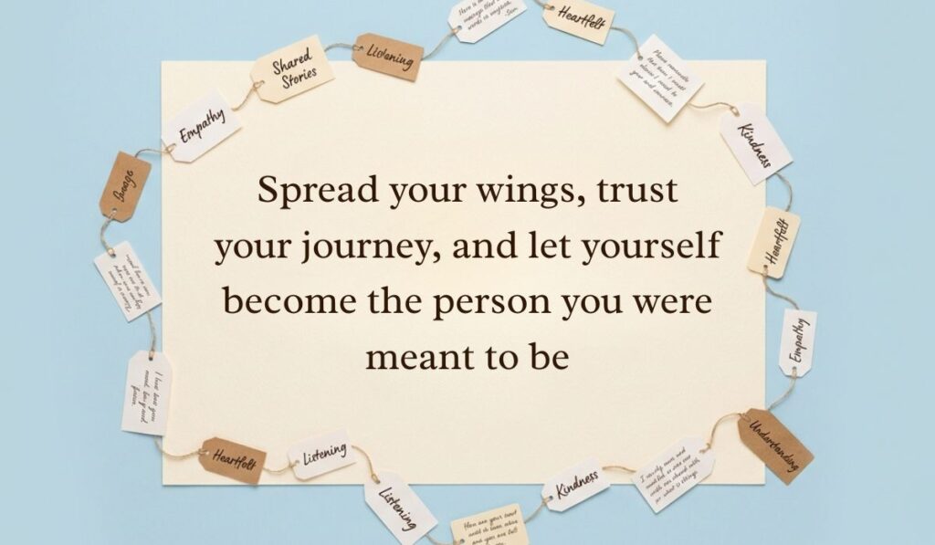 Soft blue surface decorated with a ring of string-bound message tags showcasing butterfly quotes reading, "Spread your wings, trust your journey, and let yourself become the person you were meant to be"