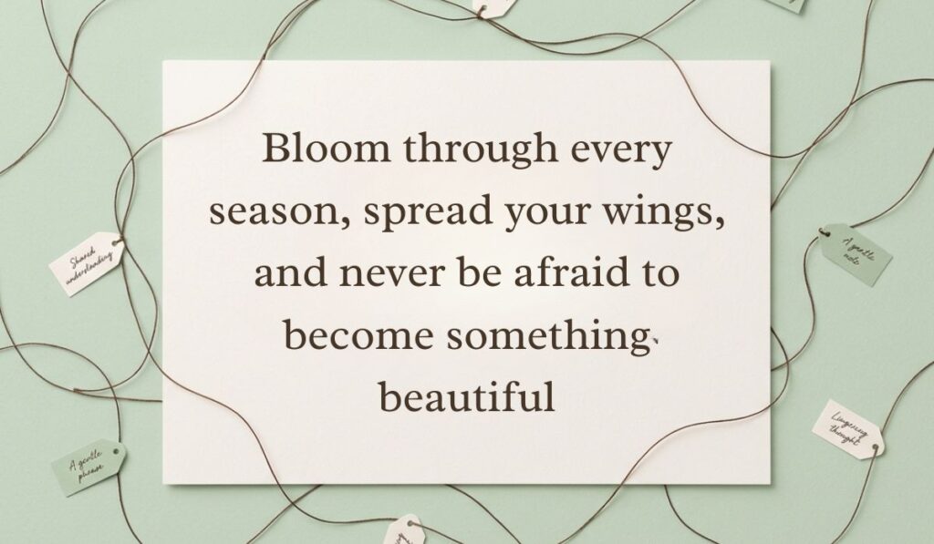 Sage green surface framed by interconnected twine strings and small message tags featuring butterfly quotes stating, "Bloom through every season, spread your wings, and never be afraid to become something beautiful"
