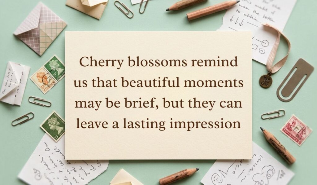 Soft mint green vintage desk layout with scattered envelopes, paperclips, and postage stamps featuring cherry blossom quotes reading, "Cherry blossoms remind us that beautiful moments may be brief, but they can leave a lasting impression"