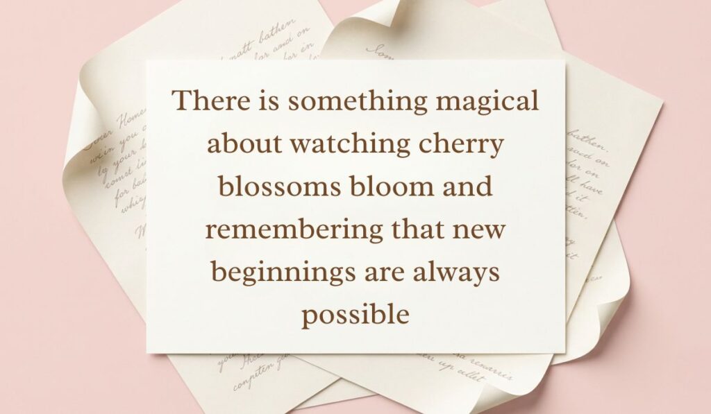 Soft pink backdrop framed with layered vintage parchment paper and handwritten letters presenting cherry blossom quotes reading, "There is something magical about watching cherry blossoms bloom and remembering that new beginnings are always possible"