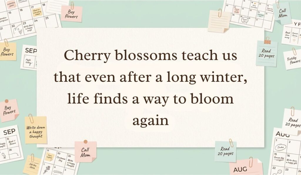 Off-white workspace setting surrounded by calendar pages, paperclips, and sticky note reminders featuring cherry blossom quotes stating, "Cherry blossoms teach us that even after a long winter, life finds a way to bloom again"