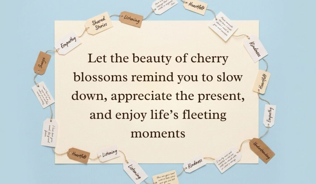 Soft blue surface decorated with a ring of string-bound message tags showcasing cherry blossom quotes reading, "Let the beauty of cherry blossoms remind you to slow down, appreciate the present, and enjoy life's fleeting moments"