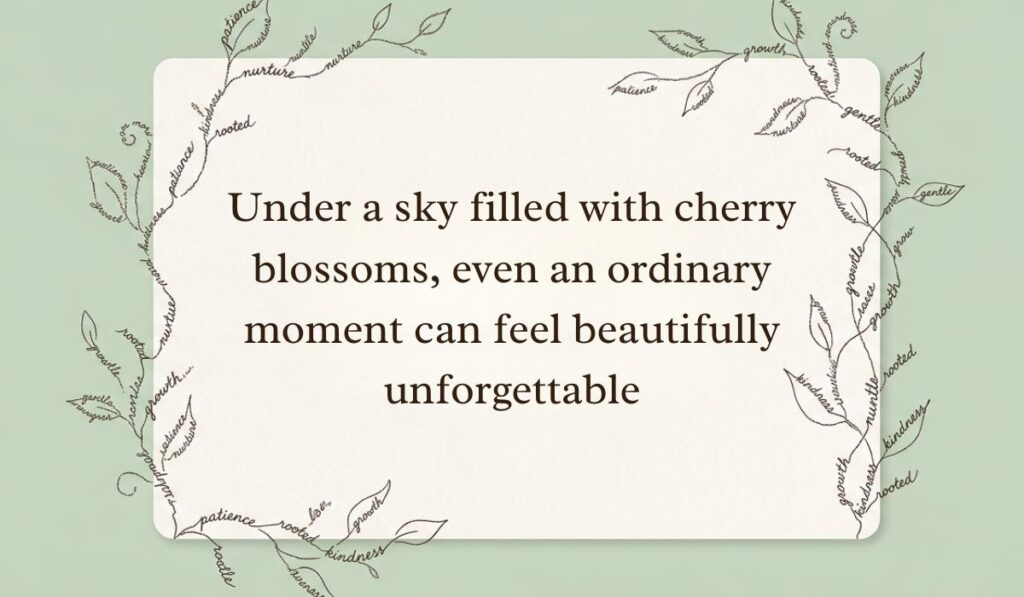 Cream card framed by delicate botanical vine line art formed from handwritten script displaying cherry blossom quotes stating, "Under a sky filled with cherry blossoms, even an ordinary moment can feel beautifully unforgettable"
