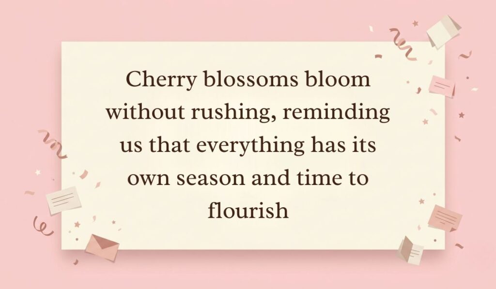 Soft pink background decorated with festive paper confetti, mini envelopes, and stars presenting cherry blossom quotes reading, "Cherry blossoms bloom without rushing, reminding us that everything has its own season and time to flourish"