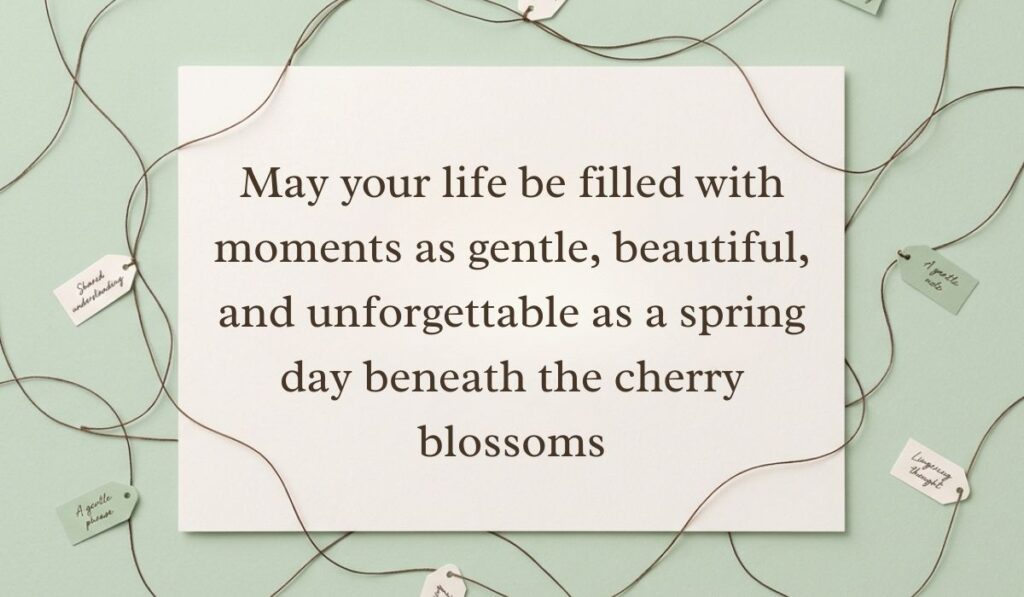 Sage green surface framed by interconnected twine strings and small message tags featuring cherry blossom quotes stating, "May your life be filled with moments as gentle, beautiful, and unforgettable as a spring day beneath the cherry blossoms"