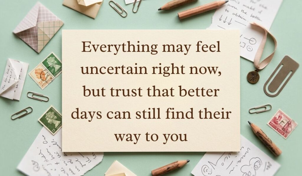 Soft mint green vintage desk layout with scattered postage stamps, envelopes, and pencils featuring everything will be okay quotes reading, "Everything may feel uncertain right now, but trust that better days can still find their way to you"
