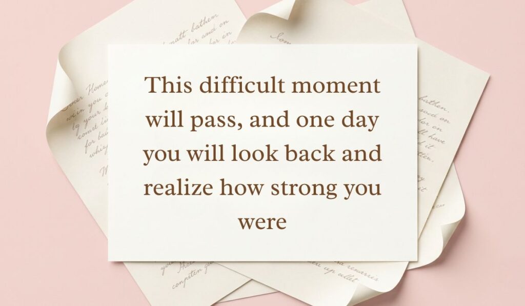 Soft pink backdrop framed with layered vintage parchment paper presenting everything will be okay quotes reading, "This difficult moment will pass, and one day you will look back and realize how strong you were"
