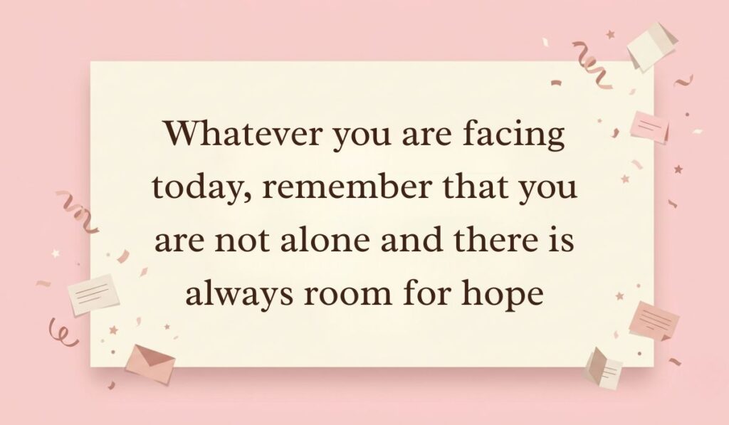 Soft pink background decorated with festive paper confetti, mini envelopes, and stars presenting everything will be okay quotes reading, "Whatever you are facing today, remember that you are not alone and there is always room for hope"