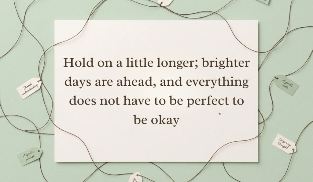 Sage green surface framed by interconnected twine strings and small message tags featuring everything will be okay quotes stating, "Hold on a little longer; brighter days are ahead, and everything does not have to be perfect to be okay"