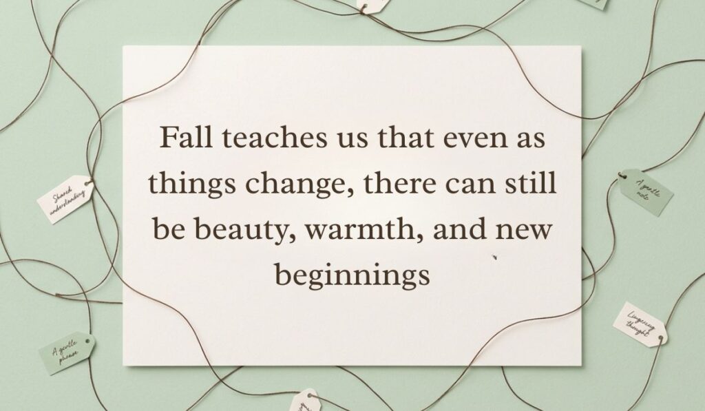 Sage green surface framed by interconnected twine strings and small message tags featuring fall quotes stating, "Fall teaches us that even as things change, there can still be beauty, warmth, and new beginnings"