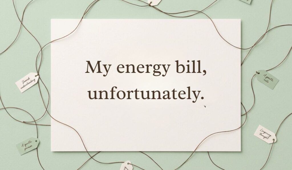 Mint green aesthetic card surrounded by delicate crisscrossing thread presenting funny responses to what's up with text reading, "My energy bill, unfortunately."
