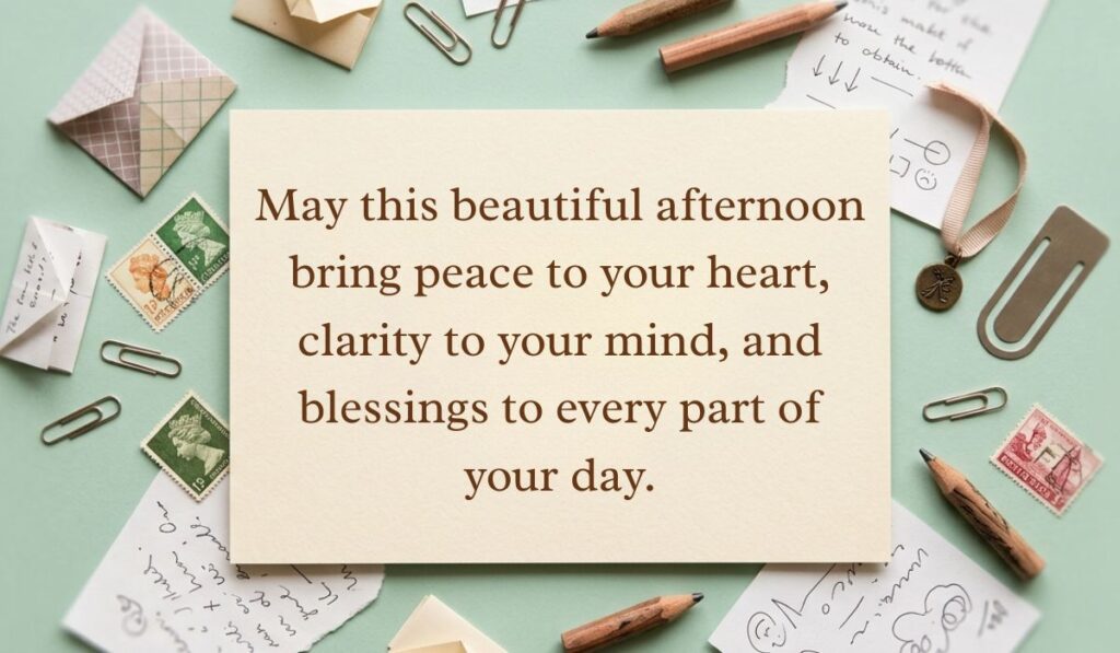 alt="Sage green vintage flat lay with postage stamps and paper clips featuring a good afternoon blessings message reading, 'May this beautiful afternoon bring peace to your heart, clarity to your mind, and blessings to every part of your day.'"