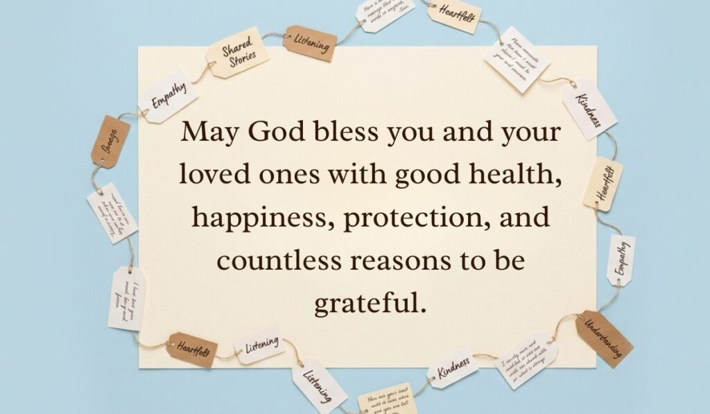alt="Light blue aesthetic card framed by a circle of string and paper tags displaying a good afternoon blessings message reading, 'May God bless you and your loved ones with good health, happiness, protection, and countless reasons to be grateful.'"