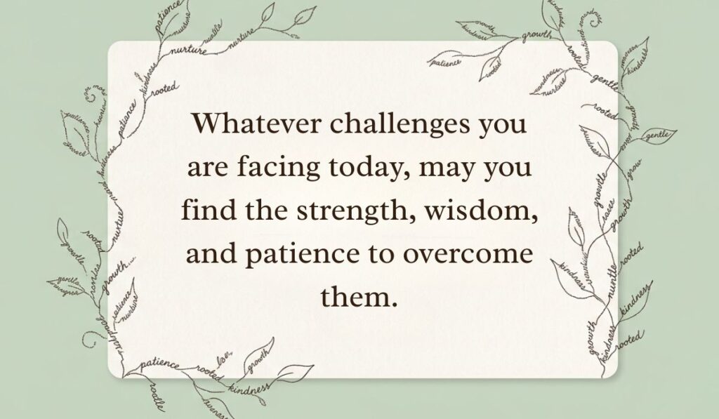 alt="Light green background framed by typographic leafy vine art featuring a good afternoon blessings card reading, 'Whatever challenges you are facing today, may you find the strength, wisdom, and patience to overcome them.'"
