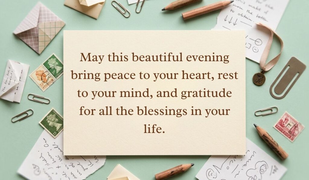 alt="Sage green vintage flat lay with postage stamps and paper clips featuring a good evening blessings message reading, 'May this beautiful evening bring peace to your heart, rest to your mind, and gratitude for all the blessings in your life.'"