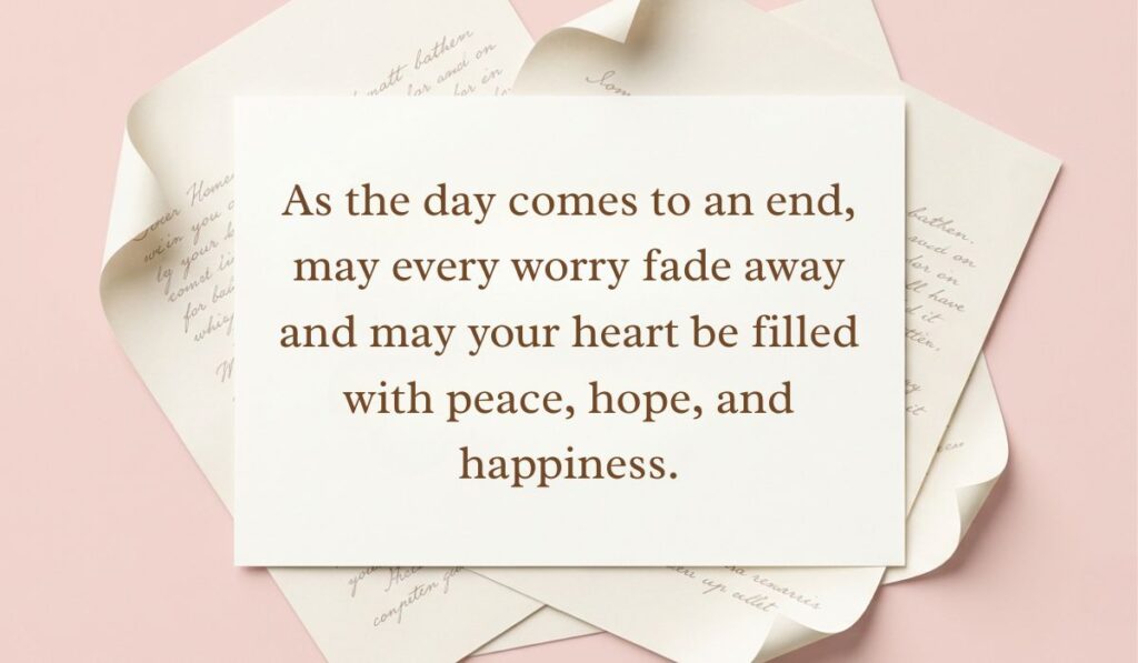 alt="Stack of curled vintage stationery letters showcasing a good evening blessings card reading, 'As the day comes to an end, may every worry fade away and may your heart be filled with peace, hope, and happiness.'"