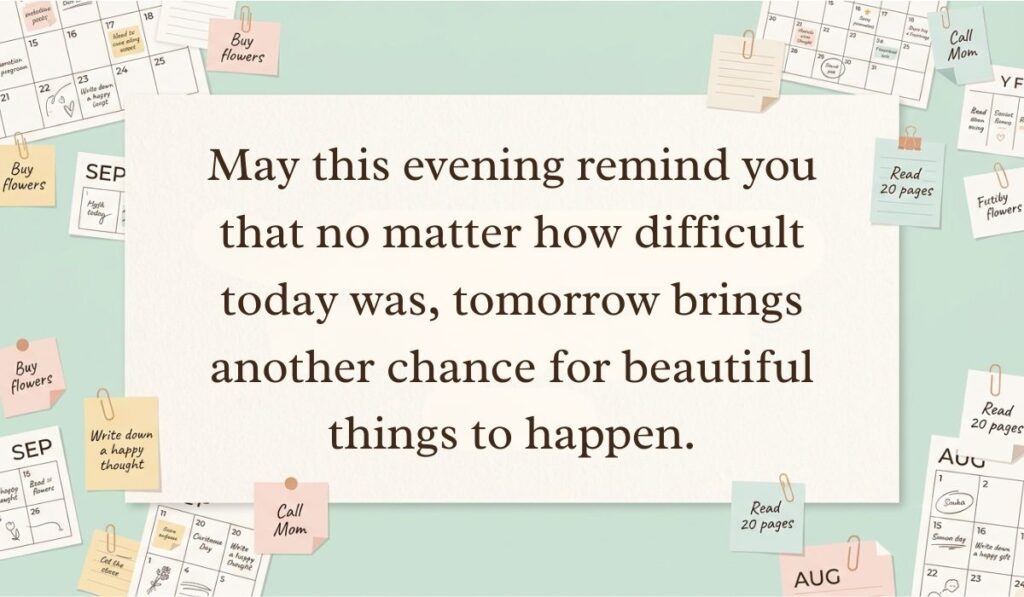 alt="Soft teal background filled with calendar sticky notes and paper clips featuring a good evening blessings quote reading, 'May this evening remind you that no matter how difficult today was, tomorrow brings another chance for beautiful things to happen.'"