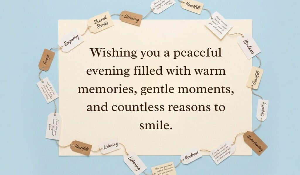 alt="Light blue aesthetic card framed by a circle of string and paper tags displaying a good evening blessings message reading, 'Wishing you a peaceful evening filled with warm memories, gentle moments, and countless reasons to smile.'"