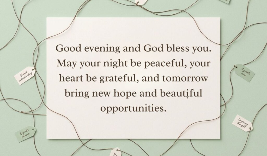 alt="Sage green background with a crisscrossed string network and small tags featuring a good evening blessings quote reading, 'Good evening and God bless you. May your night be peaceful, your heart be grateful, and tomorrow bring new hope and beautiful opportunities.'"