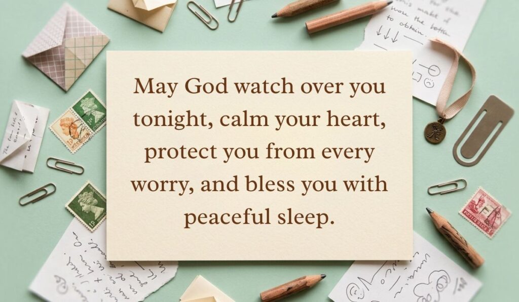 alt="Sage green vintage flat lay with postage stamps and paper clips featuring a good night blessings quote reading, 'May God watch over you tonight, calm your heart, protect you from every worry, and bless you with peaceful sleep.'"