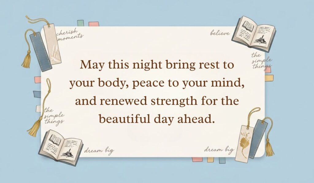 alt="Soft blue desktop layout with mini books and tassel bookmarks displaying a good night blessings message reading, 'May this night bring rest to your body, peace to your mind, and renewed strength for the beautiful day ahead.'"
