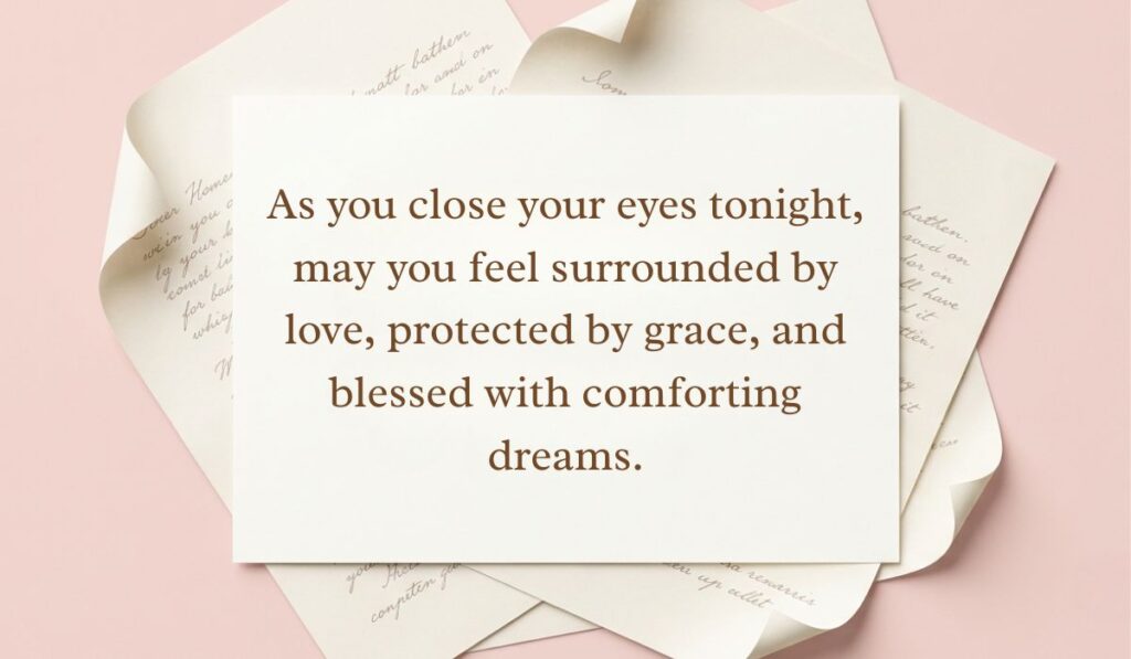 alt="Stack of curled vintage stationery letters showcasing a good night blessings message reading, 'As you close your eyes tonight, may you feel surrounded by love, protected by grace, and blessed with comforting dreams.'"