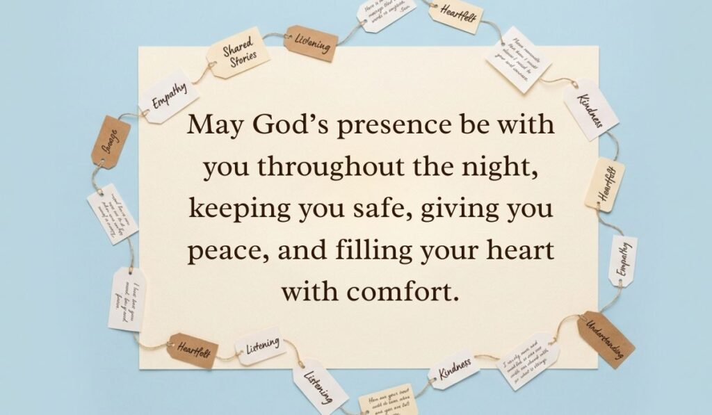 alt="Light blue aesthetic card framed by a circle of string and paper tags displaying a good night blessings quote reading, 'May God’s presence be with you throughout the night, keeping you safe, giving you peace, and filling your heart with comfort.'"