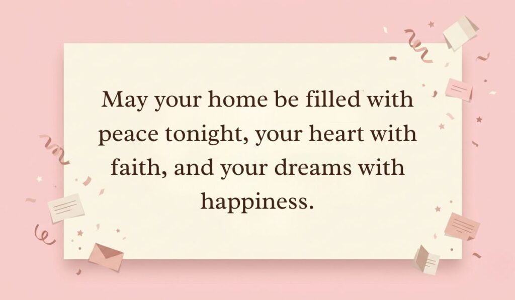 alt="Pastel pink layout decorated with paper confetti and mini envelopes showcasing a good night blessings message reading, 'May your home be filled with peace tonight, your heart with faith, and your dreams with happiness.'"