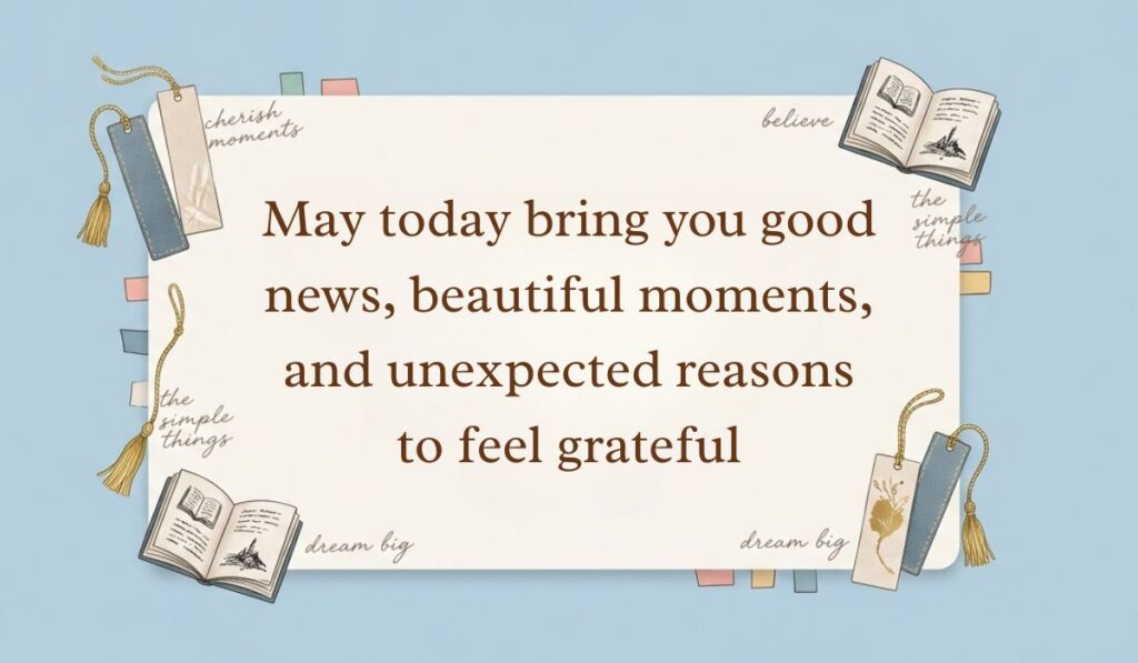 Soft blue layout decorated with open books, tassel bookmarks, and sticky notes displaying have a great day quotes stating, "May today bring you good news, beautiful moments, and unexpected reasons to feel grateful."