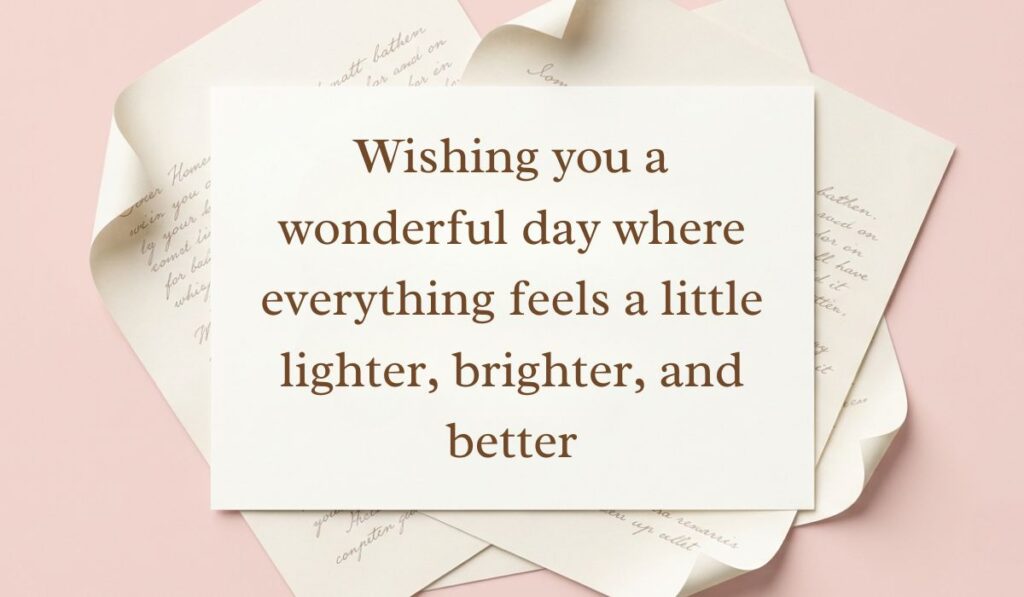 Soft pink backdrop framed by stacked vintage handwritten paper letters featuring have a great day quotes reading, "Wishing you a wonderful day where everything feels a little lighter, brighter, and better."