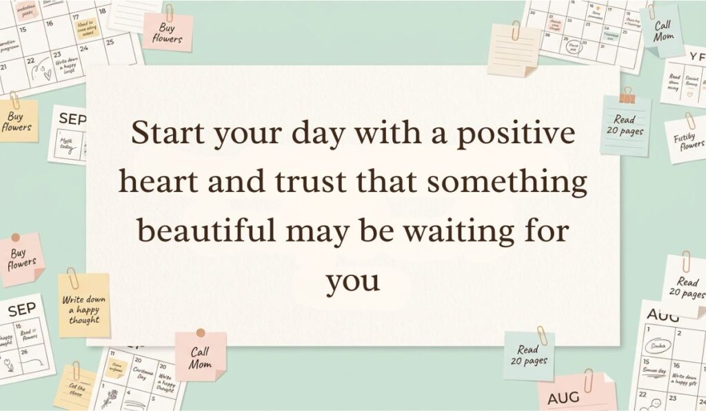 Pastel desk setup with calendar cutouts, paperclips, and sticky note reminders highlighting have a great day quotes stating, "Start your day with a positive heart and trust that something beautiful may be waiting for you."