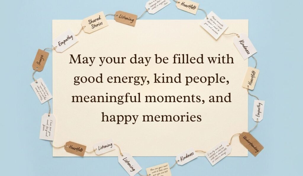 Sky blue background encircled by a twine garland holding motivational message tags featuring have a great day quotes reading, "May your day be filled with good energy, kind people, meaningful moments, and happy memories."