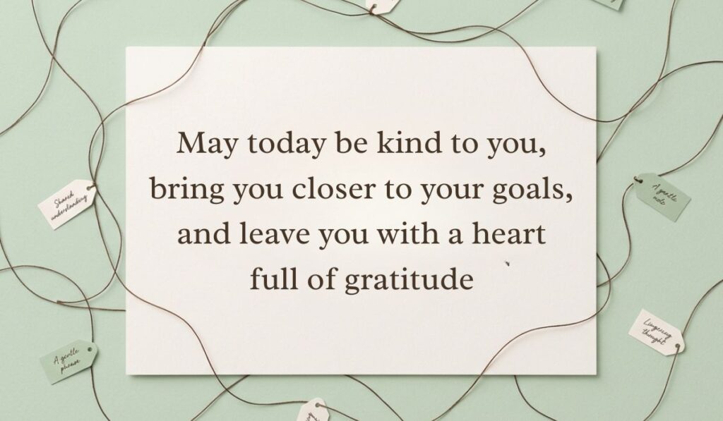 Sage green surface with crisscrossing twine string and miniature note tags showcasing have a great day quotes stating, "May today be kind to you, bring you closer to your goals, and leave you with a heart full of gratitude."