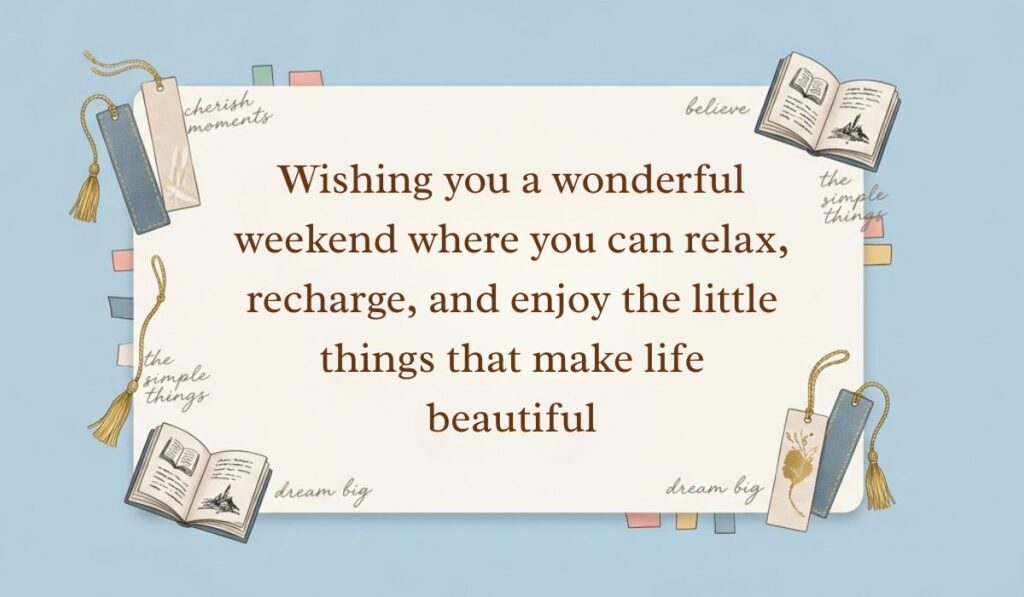Soft blue layout decorated with open books, tassel bookmarks, and inspirational sticky notes displaying have a great weekend quotes stating, "Wishing you a wonderful weekend where you can relax, recharge, and enjoy the little things that make life beautiful."