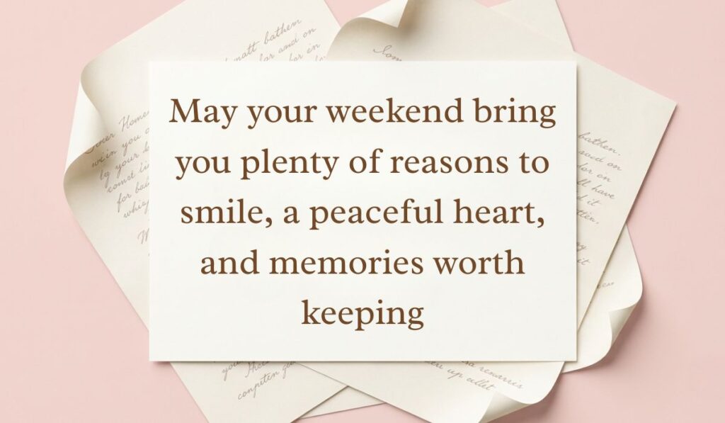 Soft pink backdrop framed by stacked vintage handwritten paper letters featuring have a great weekend quotes reading, "May your weekend bring you plenty of reasons to smile, a peaceful heart, and memories worth keeping."