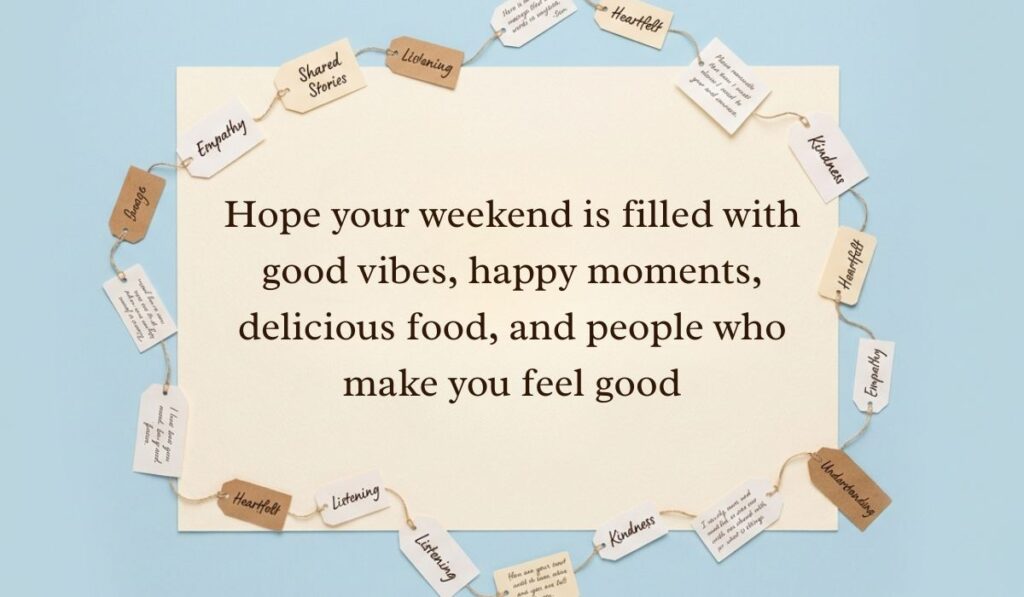 Sky blue background encircled by a twine garland holding motivational message tags featuring have a great weekend quotes stating, "Hope your weekend is filled with good vibes, happy moments, delicious food, and people who make you feel good."