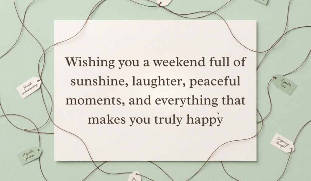Sage green surface with crisscrossing twine string and miniature note tags showcasing have a great weekend quotes stating, "Wishing you a weekend full of sunshine, laughter, peaceful moments, and everything that makes you truly happy."