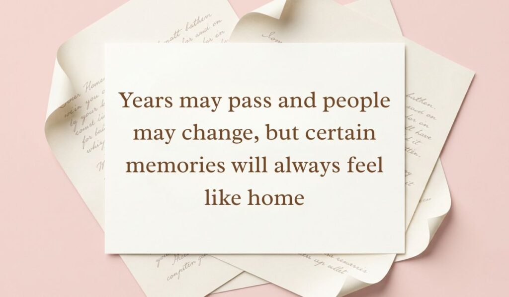 Soft pink backdrop framed with layered vintage paper presenting heart touching memories quotes reading, "Years may pass and people may change, but certain memories will always feel like home"