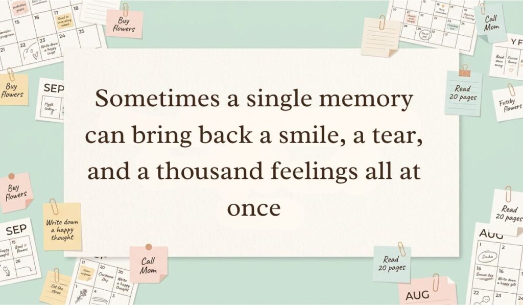 Off-white workspace setting surrounded by calendar pages, paperclips, and sticky note reminders featuring heart touching memories quotes stating, "Sometimes a single memory can bring back a smile, a tear, and a thousand feelings all at once"